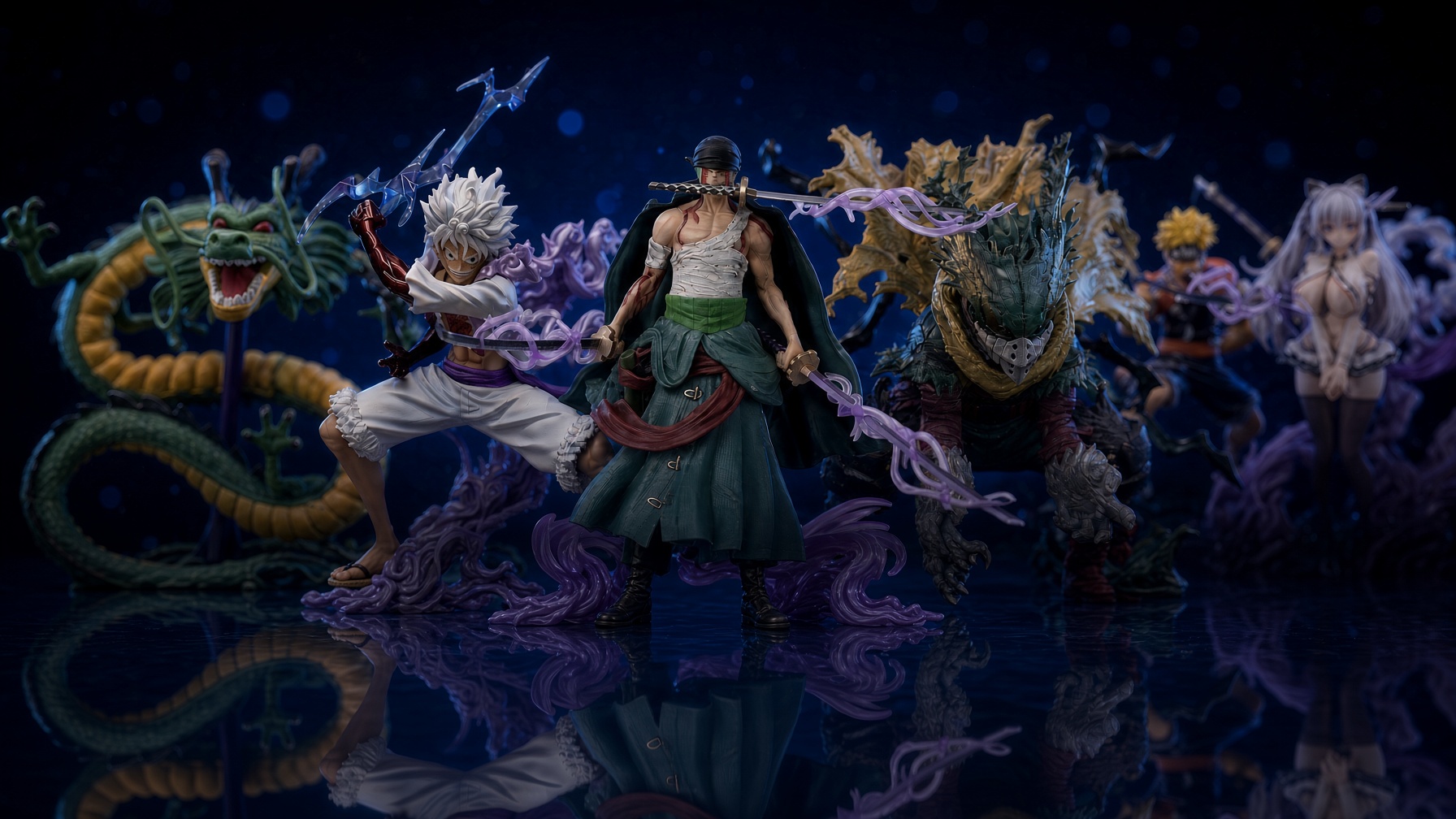 Collection de figurines anime exposées dans la pénombre